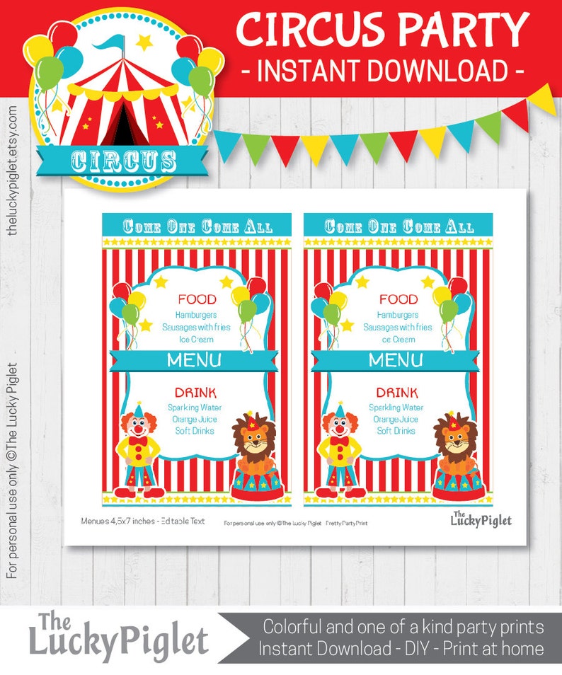 CIRCUS PARTY MENU for Circus Birthday Party or Circus Baby Shower, Circus Party Decoration Instant Download. Edit Text Adobe Reader image 2