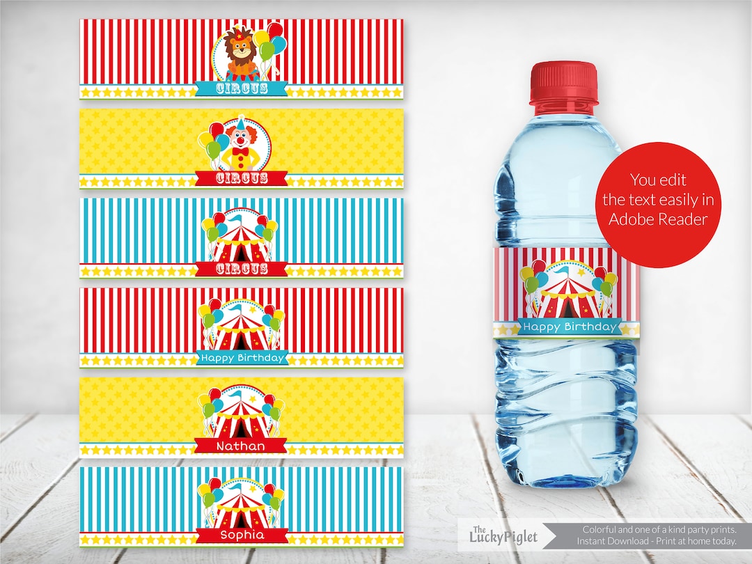 CIRCUS WATER BOTTLE Labels, Circus Party Bottle Wrapper Instant ...