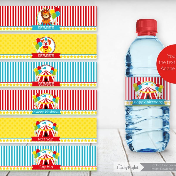 CIRCUS WATER BOTTLE Labels, Circus Party Bottle Wrapper | Instant Download, Edit Text in Adobe Reader