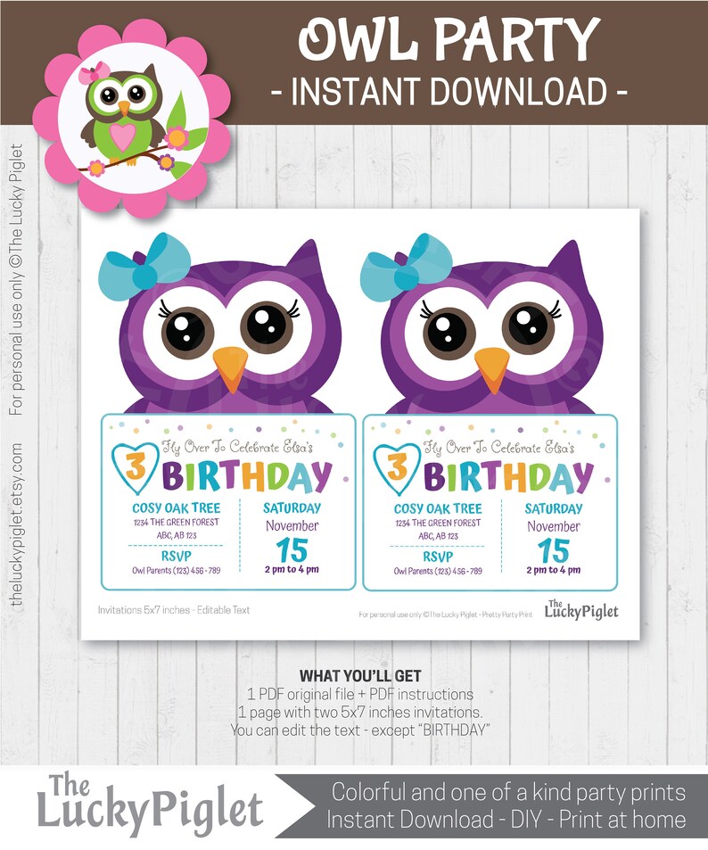 OWL INVITATION, Purple and Teal Owl Invite, Printable Invitation, Owl ...