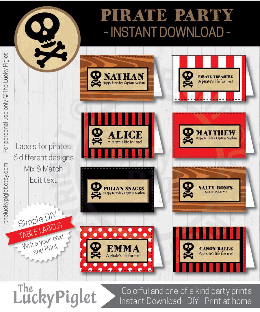 PIRATE PARTY Food Labels | Pirate Place Cards, Pirate Table Labels ...