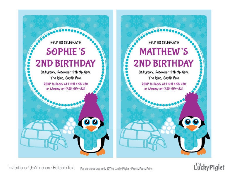 Penguin Birthday Invitation and Party Decoration Purple and Teal. Full Printable Penguin Party ...