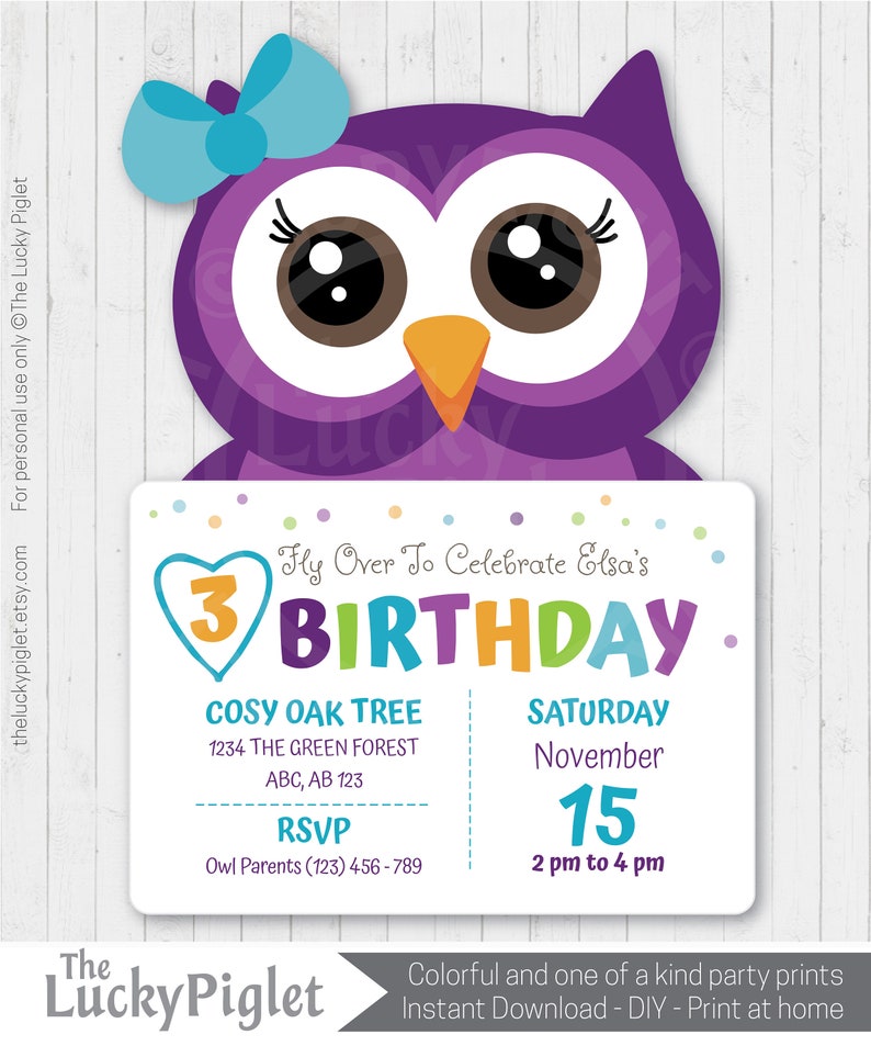 OWL INVITATION, purple and teal owl invite, printable invitation, owl birthday party invitation, owl theme party Instant download image 1