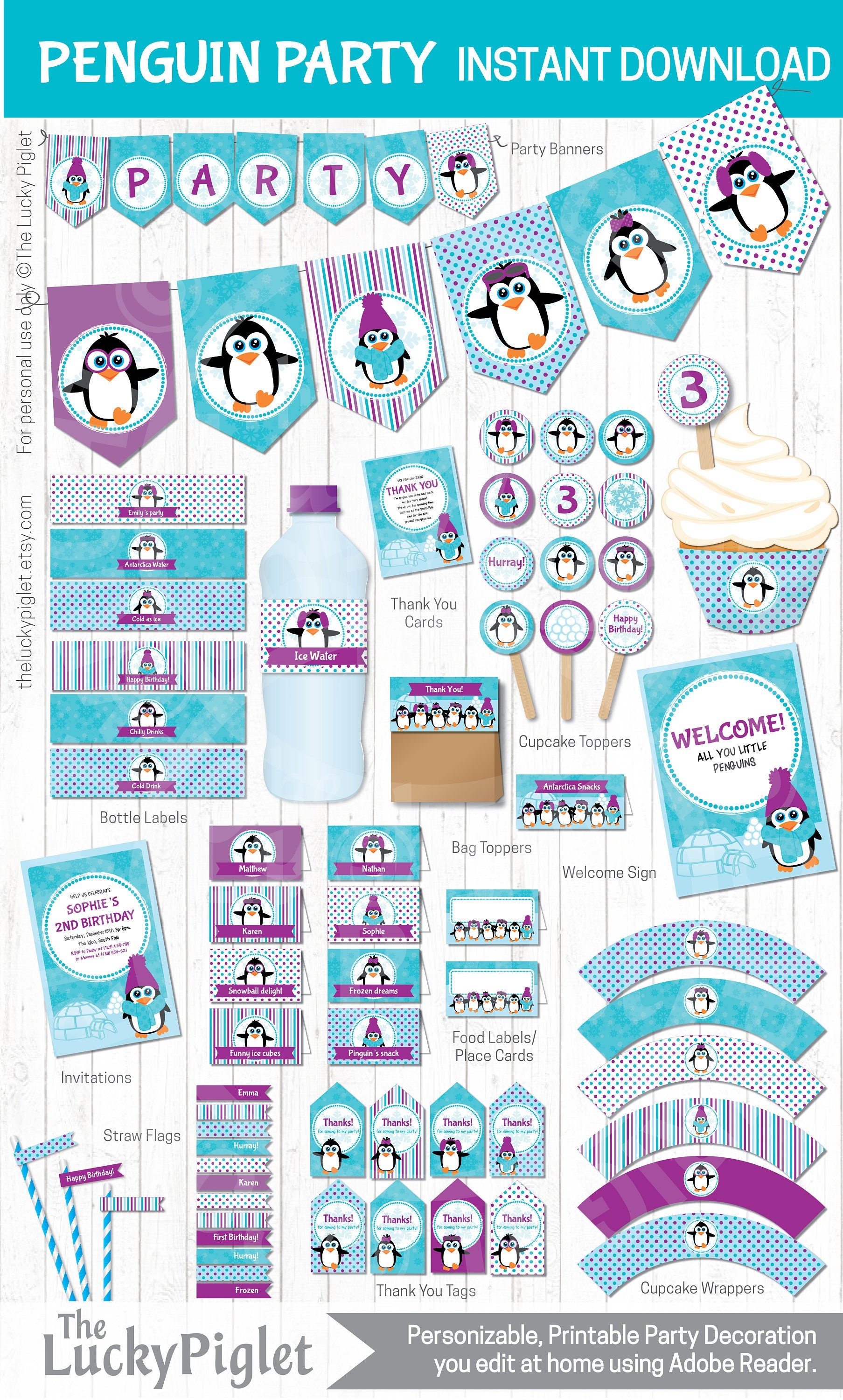 Penguin Birthday Invitation and Party Decoration Purple and Teal. Full Printable Penguin Party ...