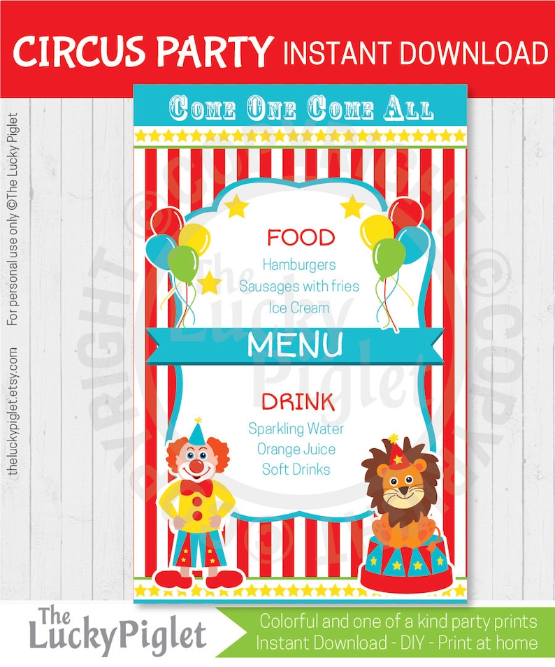 CIRCUS PARTY MENU for Circus Birthday Party or Circus Baby Shower, Circus Party Decoration Instant Download. Edit Text Adobe Reader image 1