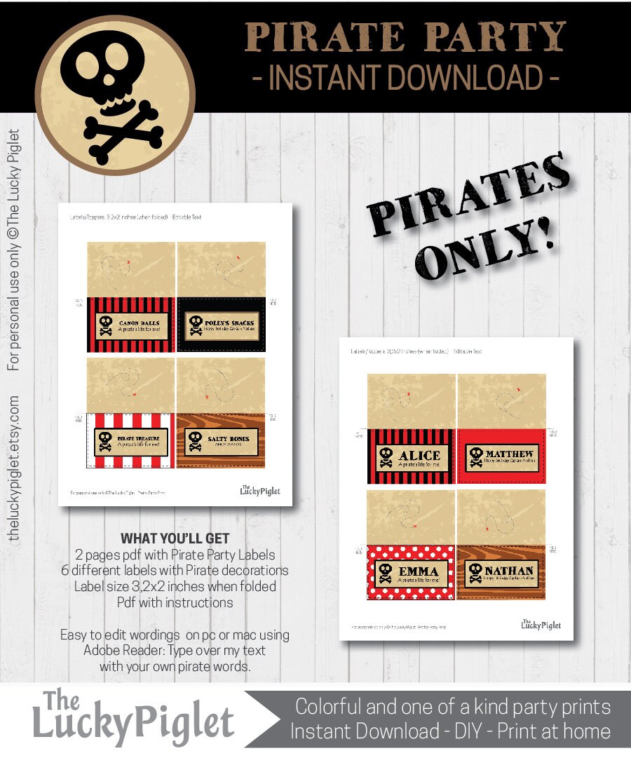 PIRATE PARTY Food Labels | Pirate Place Cards, Pirate Table Labels ...