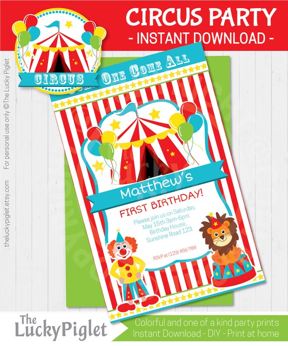 circus party invitations for circus birthday party or circus baby shower instant download edit text in adobe reader circus birthday invitations
