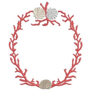 May include: A coral wreath with two white seashells at the top and one at the bottom.