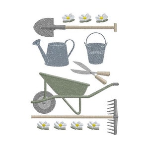 May include: A set of gardening tools including a wheelbarrow, a shovel, a watering can, a bucket, a rake, and pruning shears. The tools are arranged vertically on a white background with five white daisies at the bottom.