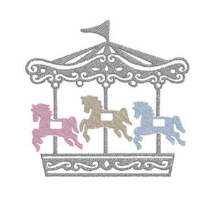 Peut inclure: Une illustration dessinée à la main d'un carrousel vintage avec trois chevaux. Les chevaux sont dans des tons de rose, marron et bleu. Le carrousel est décoré de détails ornés.