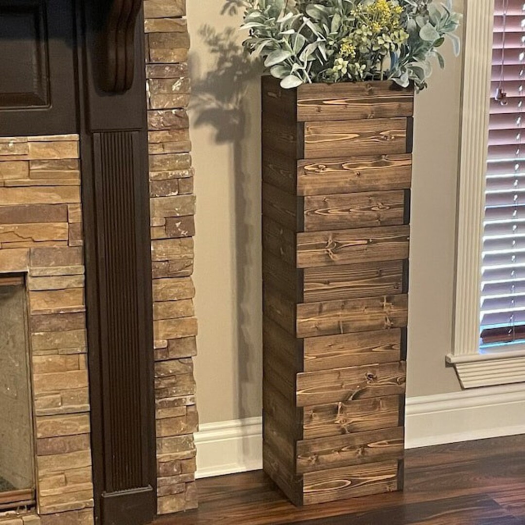 Tall Stacked Rustic Floor Vase/wood Vase/home Decor/decorative Vase