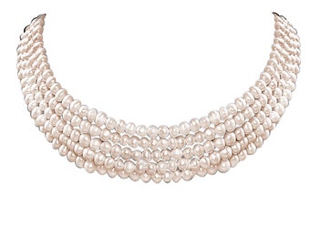 Heavenly 5 Line Real Freshwater Pearl Choker Necklace - Delightful Women's Jewelry (SP77)