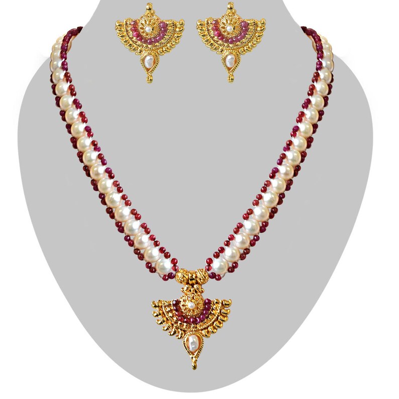 Red Ruby beads and Gold Plated Pendant Necklace and Earring Set for Women SN751 Real Freshwater Pearl