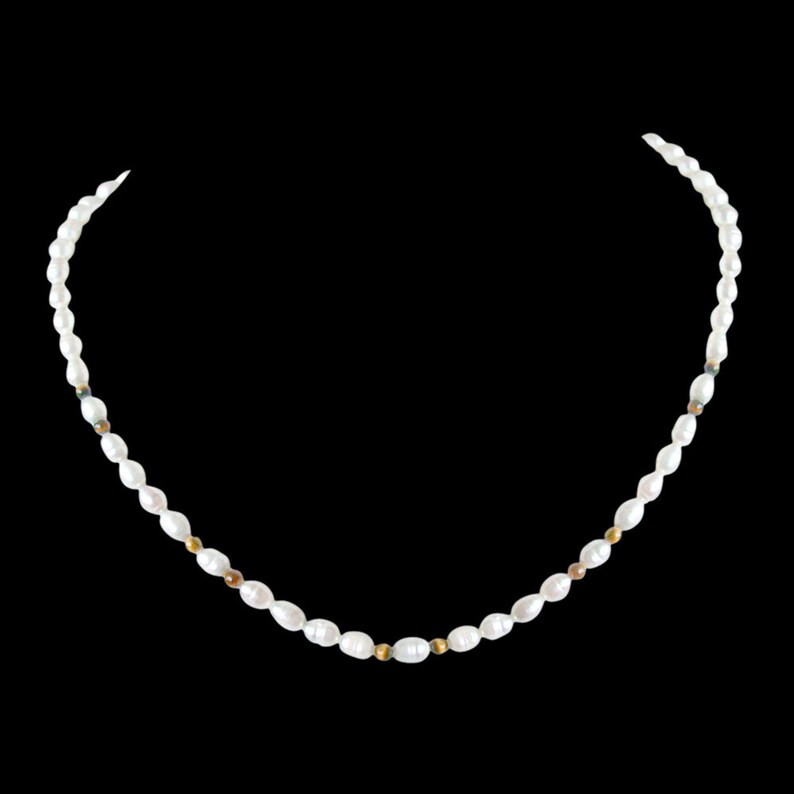 Stackable Necklace SN46 Dazzle Layering Single line Real Rice Pearl and Round Tiger Eye Beads Necklace