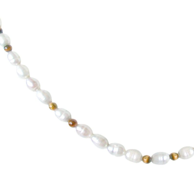 Stackable Necklace SN46 Dazzle Layering Single line Real Rice Pearl and Round Tiger Eye Beads Necklace