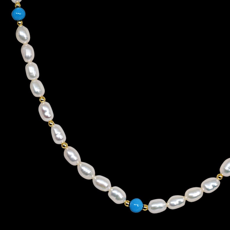 Single Line Pearl Necklace with Blue Turquoise and Gold Plated Beads SN50 Stackable Necklace Elan Layering