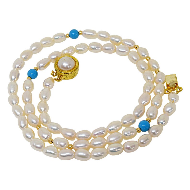 Single Line Pearl Necklace with Blue Turquoise and Gold Plated Beads SN50 Stackable Necklace Elan Layering