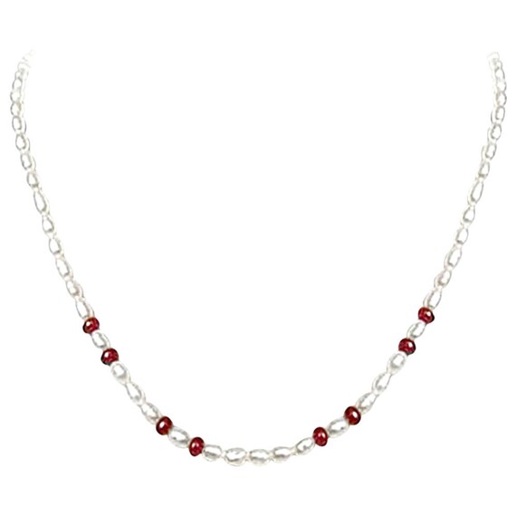 Sheer Fun Single Line Ruby Beads and Real Rice Pearl Necklace