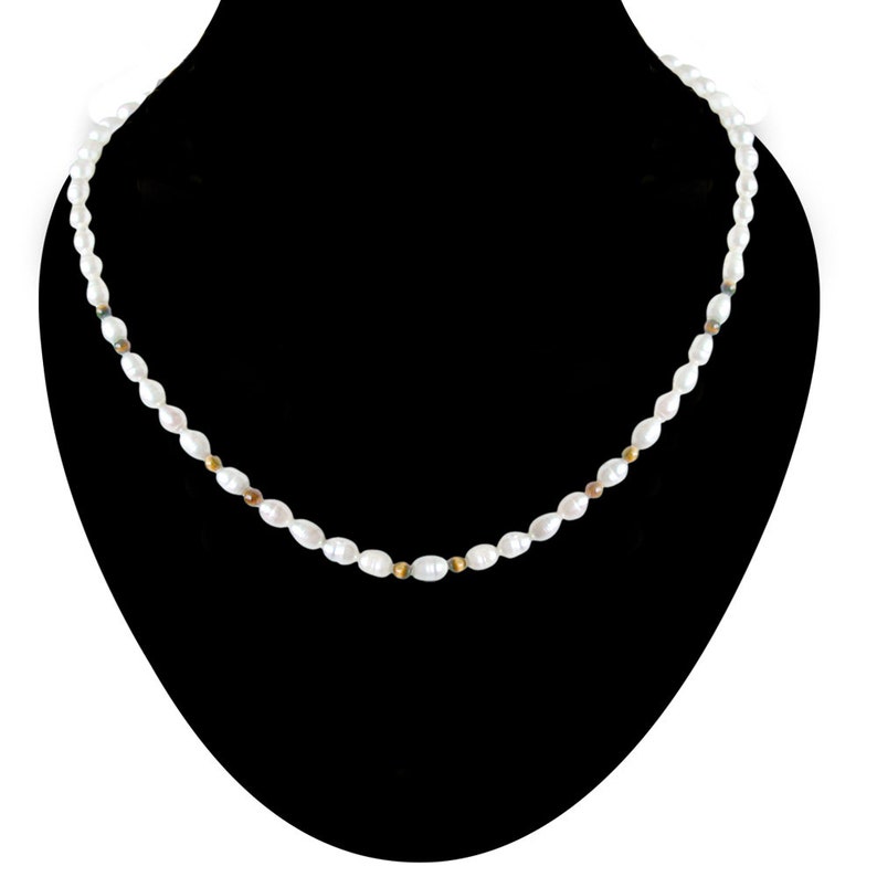 Stackable Necklace SN46 Dazzle Layering Single line Real Rice Pearl and Round Tiger Eye Beads Necklace