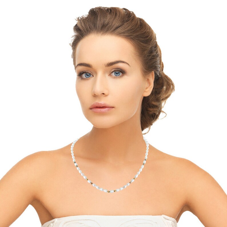 Stackable Necklace SN46 Dazzle Layering Single line Real Rice Pearl and Round Tiger Eye Beads Necklace