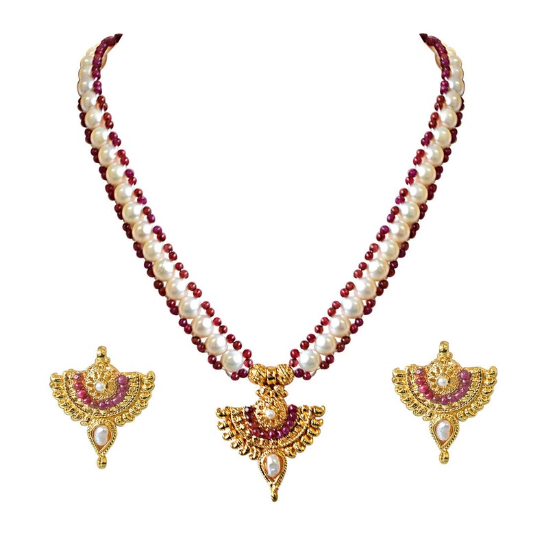 Red Ruby beads and Gold Plated Pendant Necklace and Earring Set for Women SN751 Real Freshwater Pearl