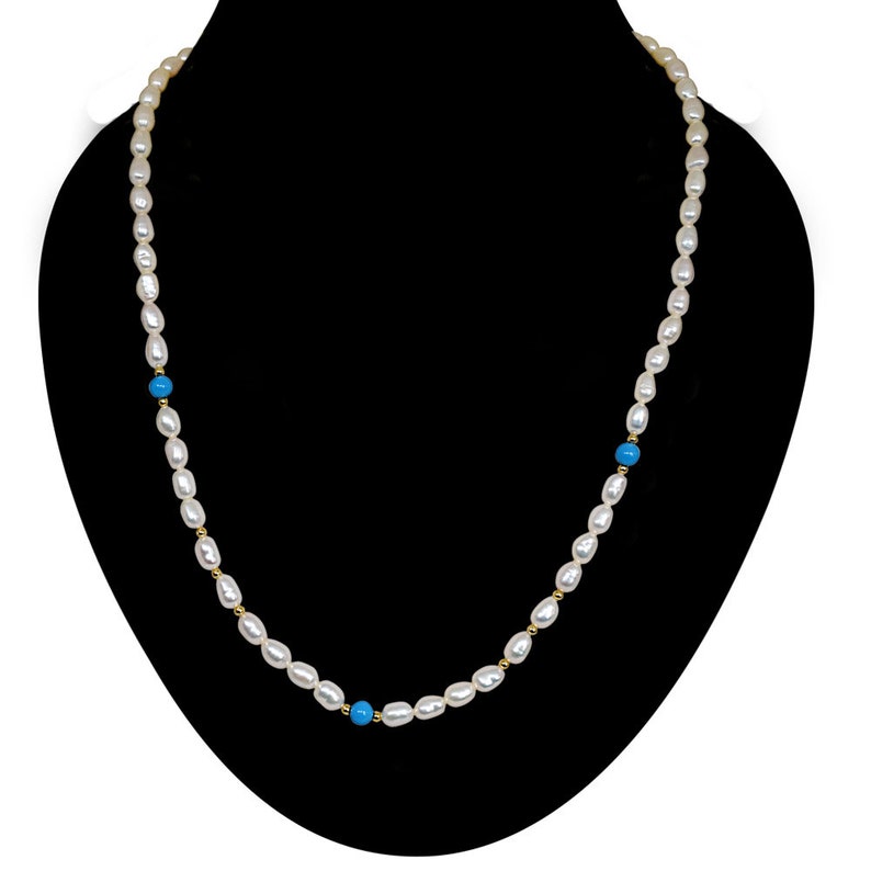 Single Line Pearl Necklace with Blue Turquoise and Gold Plated Beads SN50 Stackable Necklace Elan Layering