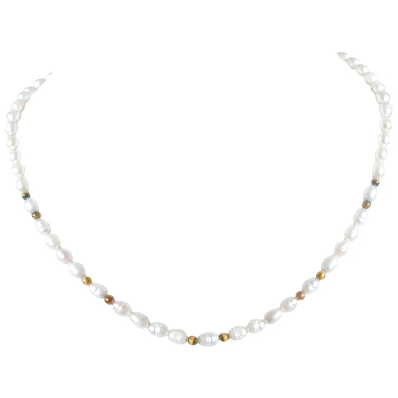Stackable Necklace SN46 Dazzle Layering Single line Real Rice Pearl and Round Tiger Eye Beads Necklace