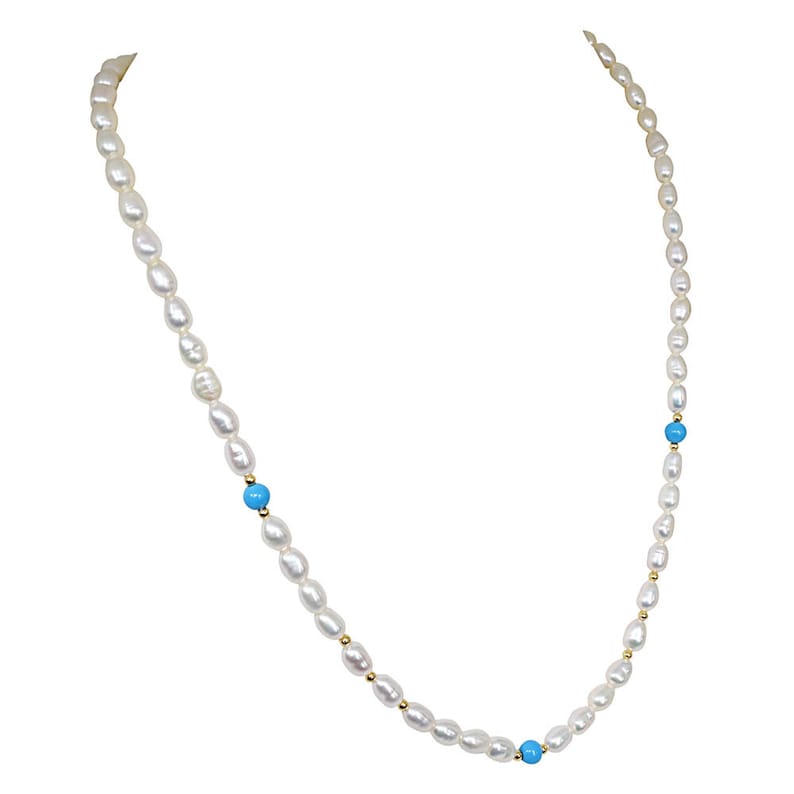 Single Line Pearl Necklace with Blue Turquoise and Gold Plated Beads SN50 Stackable Necklace Elan Layering