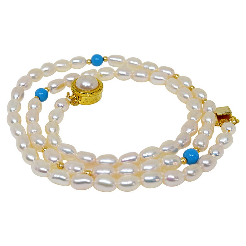 Single Line Pearl Necklace with Blue Turquoise and Gold Plated Beads SN50 Stackable Necklace Elan Layering