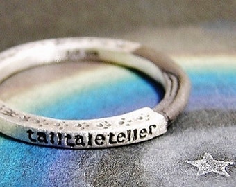 tailtaleteller ( mille±feuille ) ((( Price is for 1 ring only ))) ... engraved stapmed words letters message cat kitty sterling silver ring