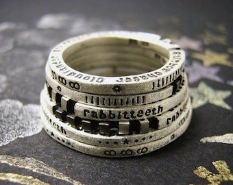 rabbitteeth ( mille±feuille ) ((( Price is for 1 ring only ))) ... engraved stapmed words letters message sterling silver ring