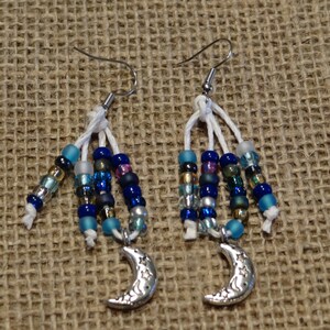 Shades of Blue, Beaded Hemp Earrings with Moon Charm
