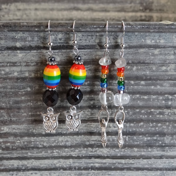 Rainbows, Gemstones and Charms Earrings: Owls with Garnet or Goddesses with Quartz