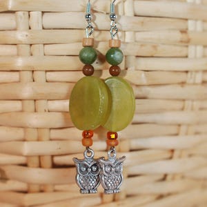Nephrite Jade and Owl Earrings