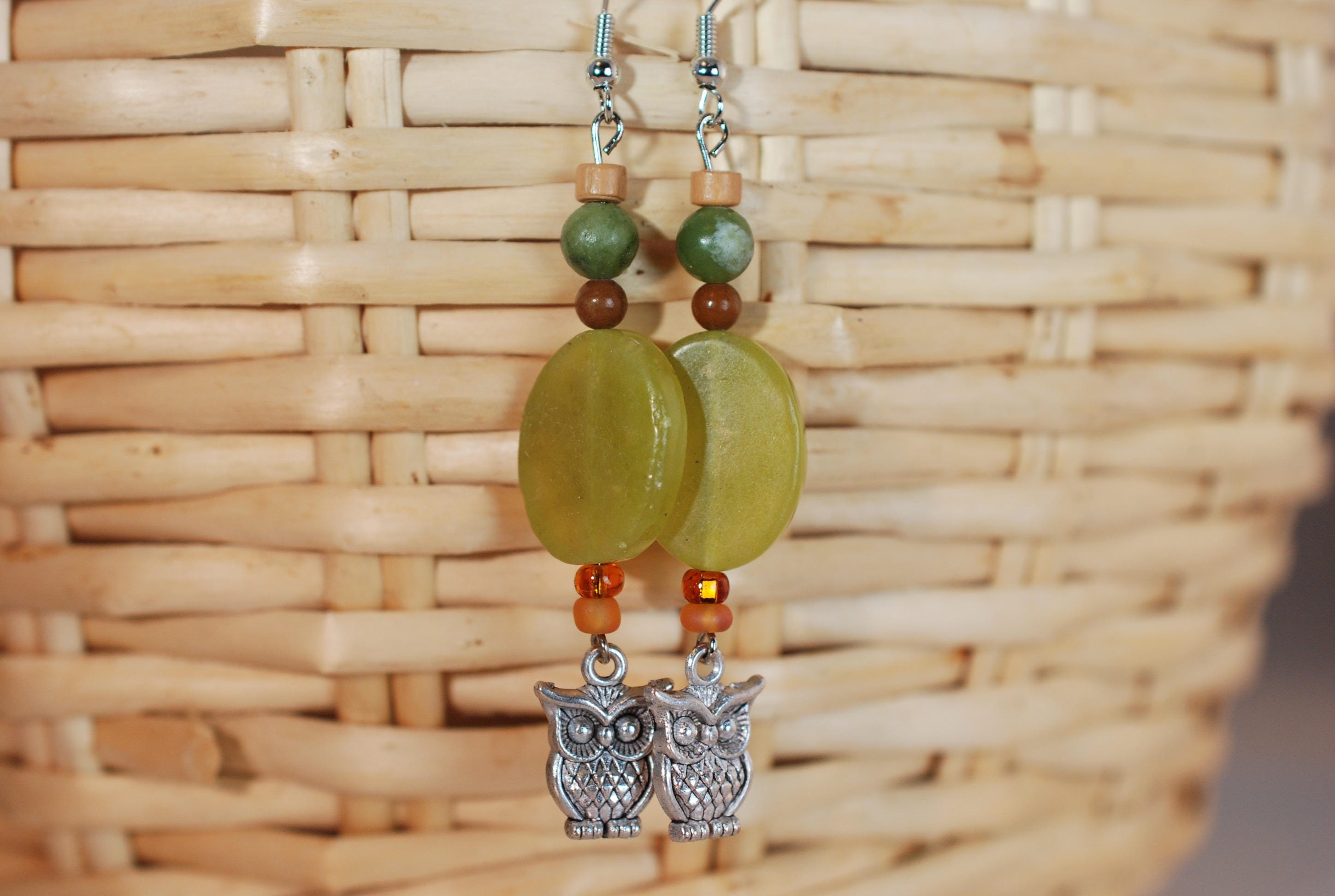 Nephrite Jade and Owl Earrings