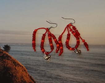 Red, Crab, Beaded Hemp Earrings