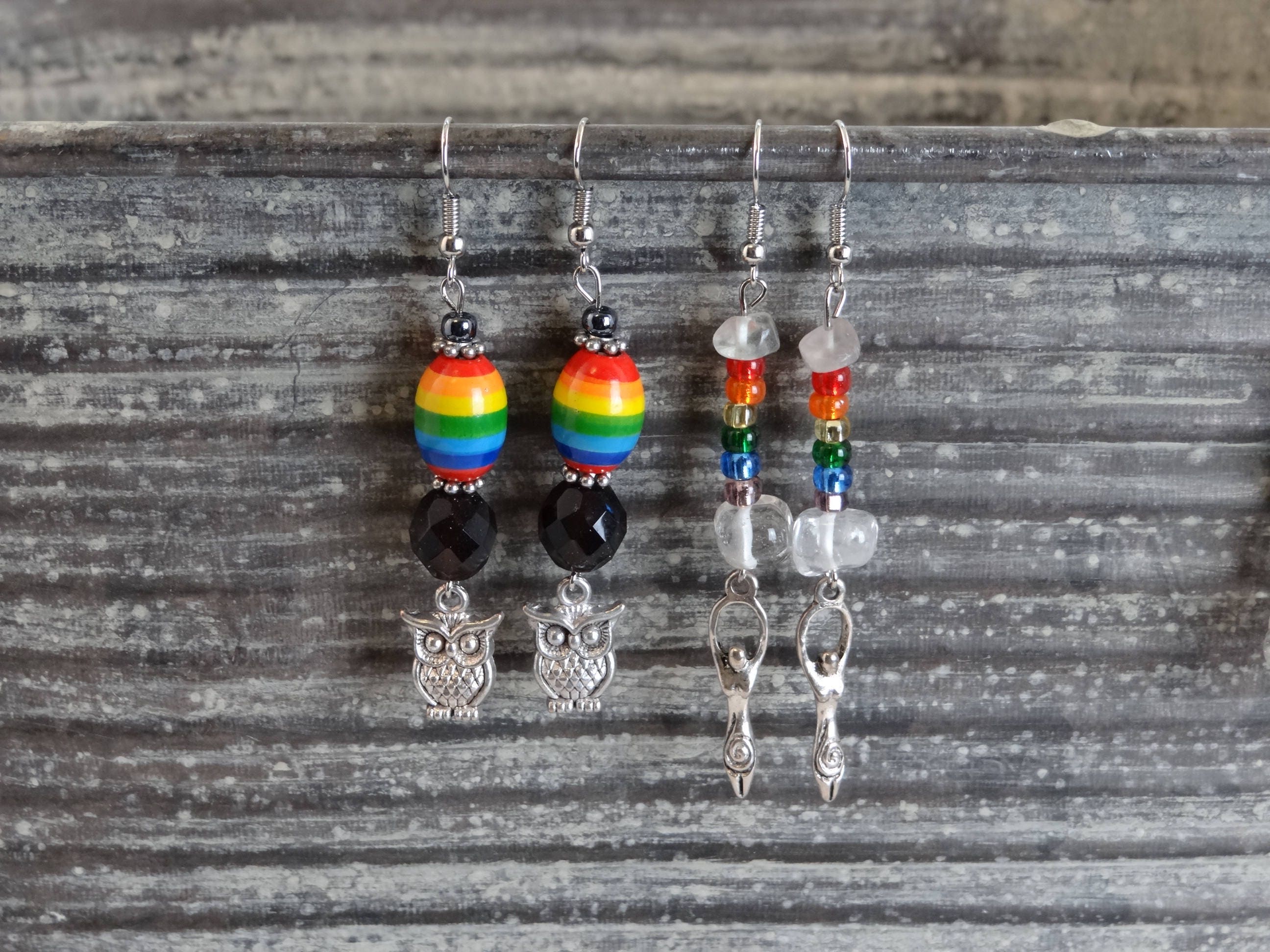 Rainbows, Gemstones and Charms Earrings: Owls with Garnet or Goddesses with Quartz