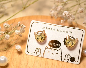 Tabby cat surgical steel earrings handmade Tiny Jewelry with linen cotton bag