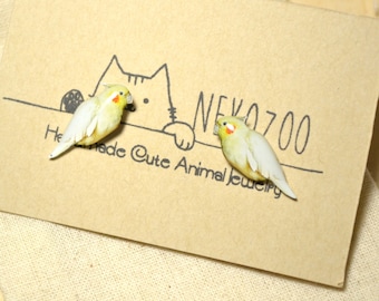 Cockatiel earrings handmade Tiny jewelry with linen cotton bag