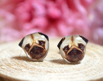 Pug earrings handmade Tiny jewelry with linen cotton bag