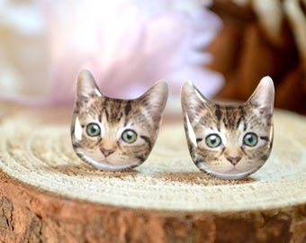 Tabby cat earrings handmade Tiny Jewelry with linen cotton bag