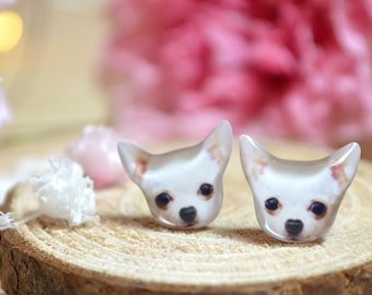 White chihuahua Dog earrings handmade Tiny jewelry with linen cotton bag