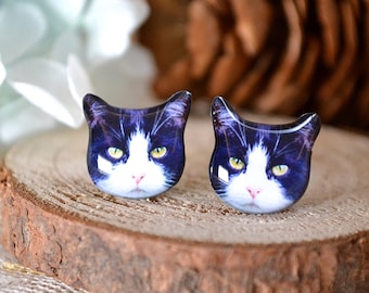 Black and White Tuxedo Cat surgical steel earrings handmade Tiny Jewelry with linen cotton bag