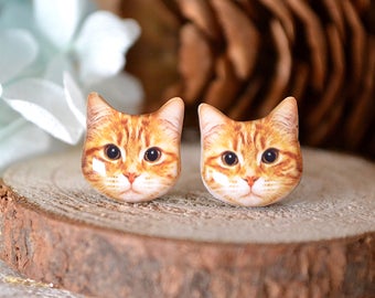 Ginger Cat surgical steel earrings handmade Tiny Jewelry with linen cotton bag