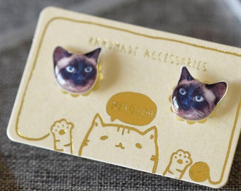 Siamese Cat surgical steel earrings handmade Tiny Jewelry with linen cotton bag