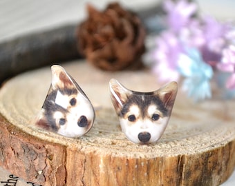 Oorstekers baby husky hond, sterlingzilveren oorbellen, roestvrijstalen oorbellen, hondensieraden, cadeau voor hondenbezitter, cadeau voor hondenliefhebber