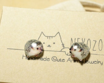 hedgehog earrings handmade Tiny jewelry with linen cotton bag