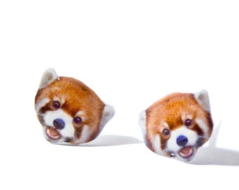 Red panda cute Jewelry Earrings with Swarovski Crystal, tiny jewelry, handmade items, Unique Gift with linen cotton bag