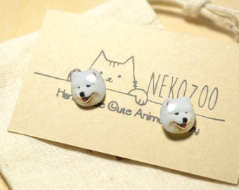Samoyed Dog earrings handmade Tiny jewelry with linen cotton bag