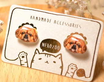 Brown Pekingese Dog earrings handmade Tiny Jewelry with linen cotton bag